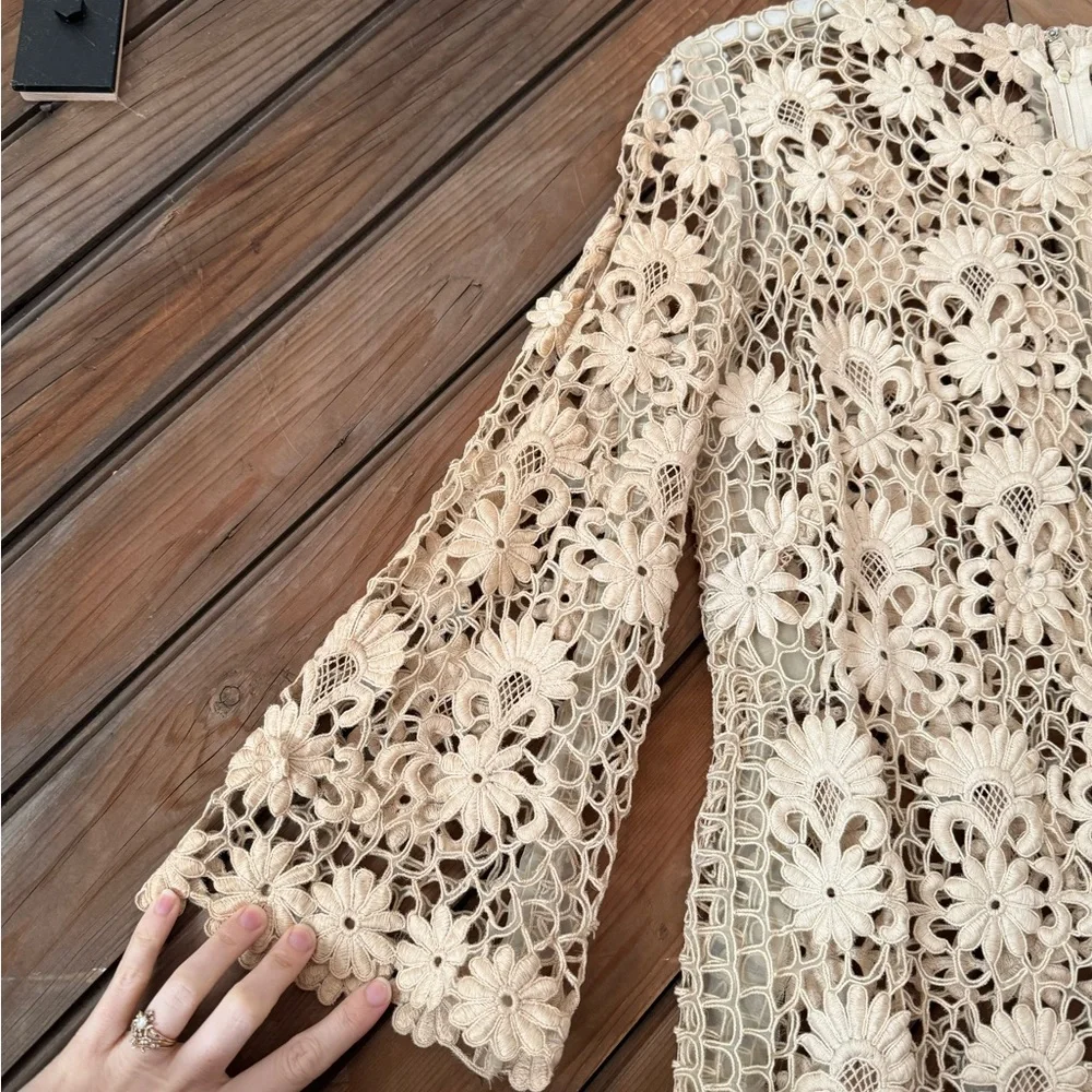 Vintage 60s lace embroidered flower dress medium ivory boho hippie - Picture 5 of 12